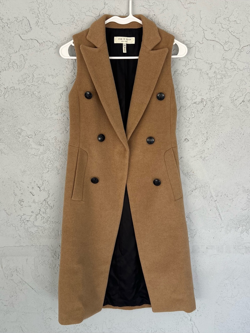 Rag & Bone Faye Longline Wool Vest Camel Double Breasted Size 00 Winter Outdoors